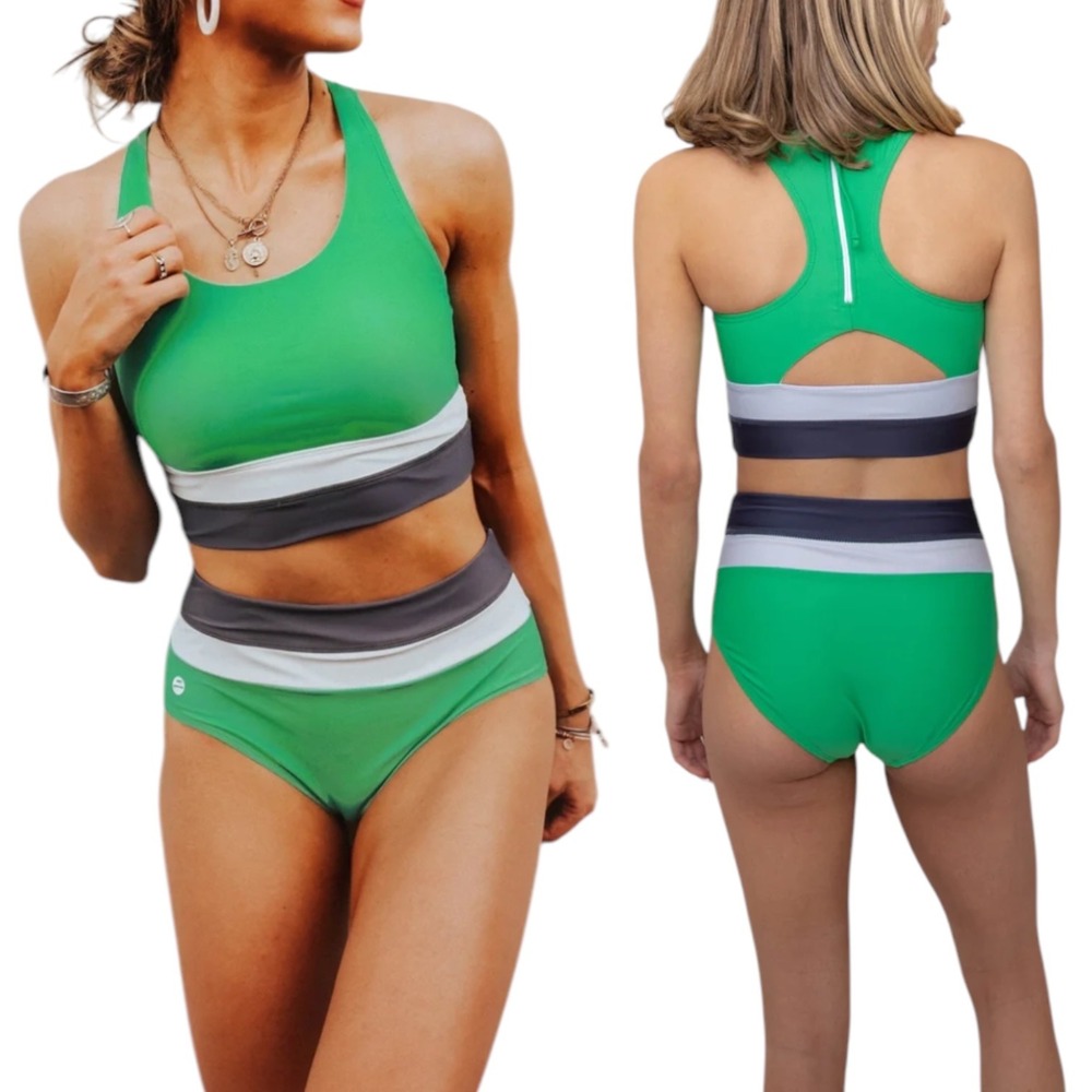 NWT- Green Striped High-Neck Bikini Set